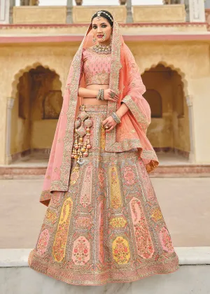 Radiant Peach Bridal Wear Heavy Embroidered Silk Lehenga Choli