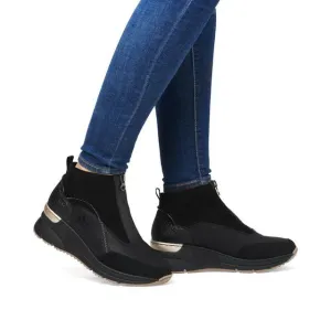 Rieker N6361-00 Morokko Black Zip Front Wedge Ankle Trainer Boots