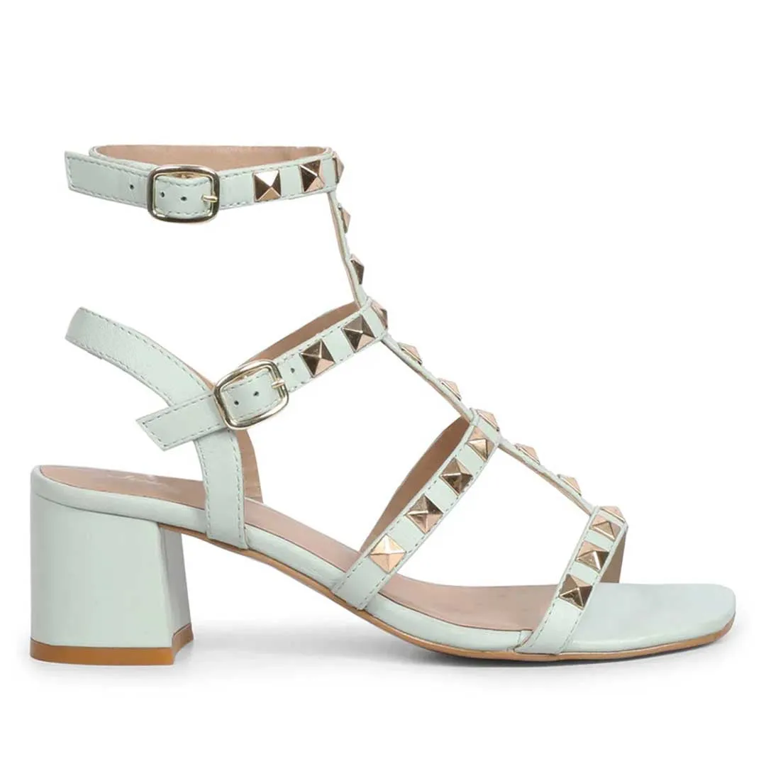 Saint Angela Aqua Leather Metal Studded Block Heels