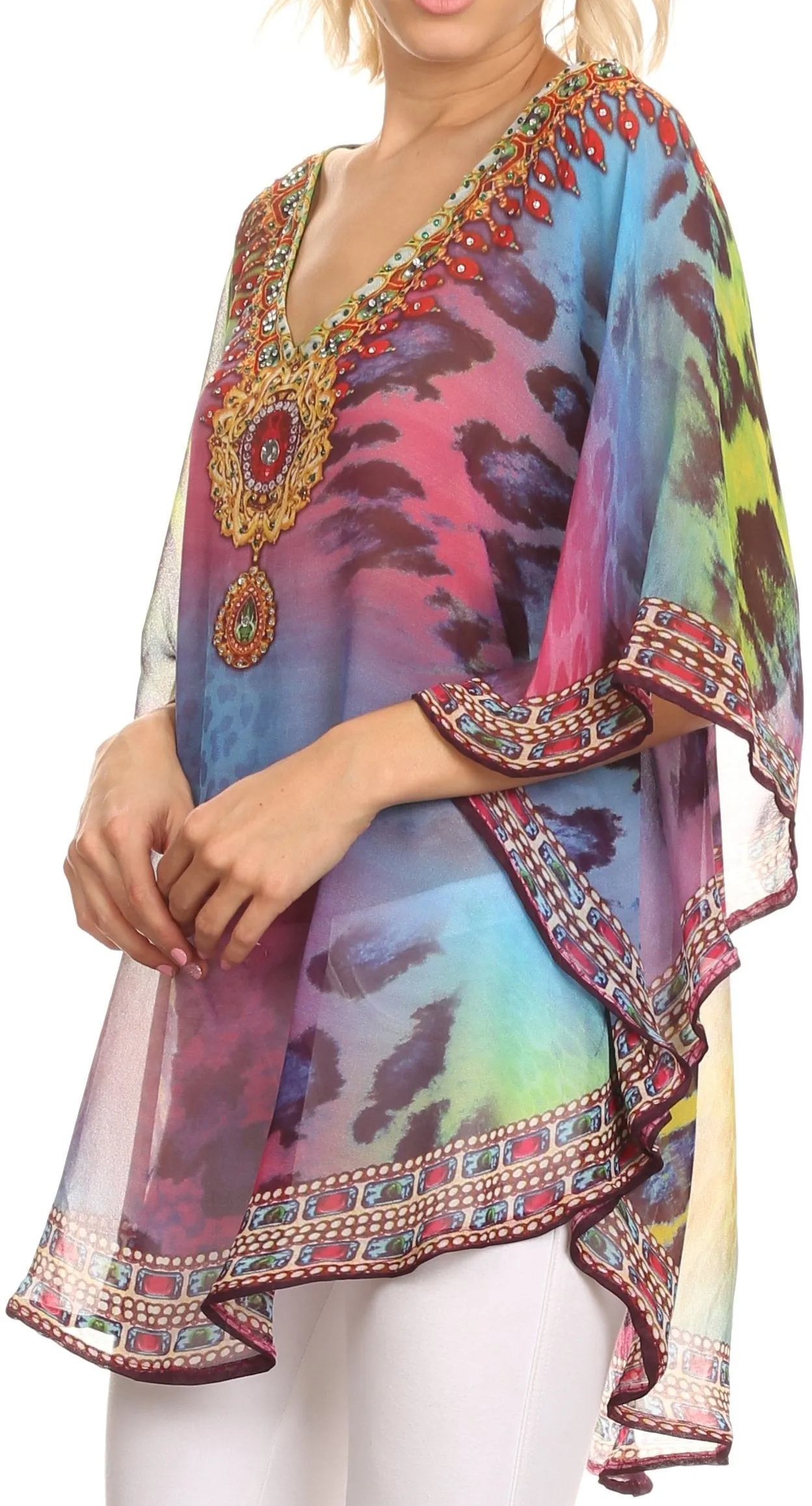 Sakkas Villa Long Wide Tall Printed Rhinestone Circle Poncho Top Blouse Cover Up