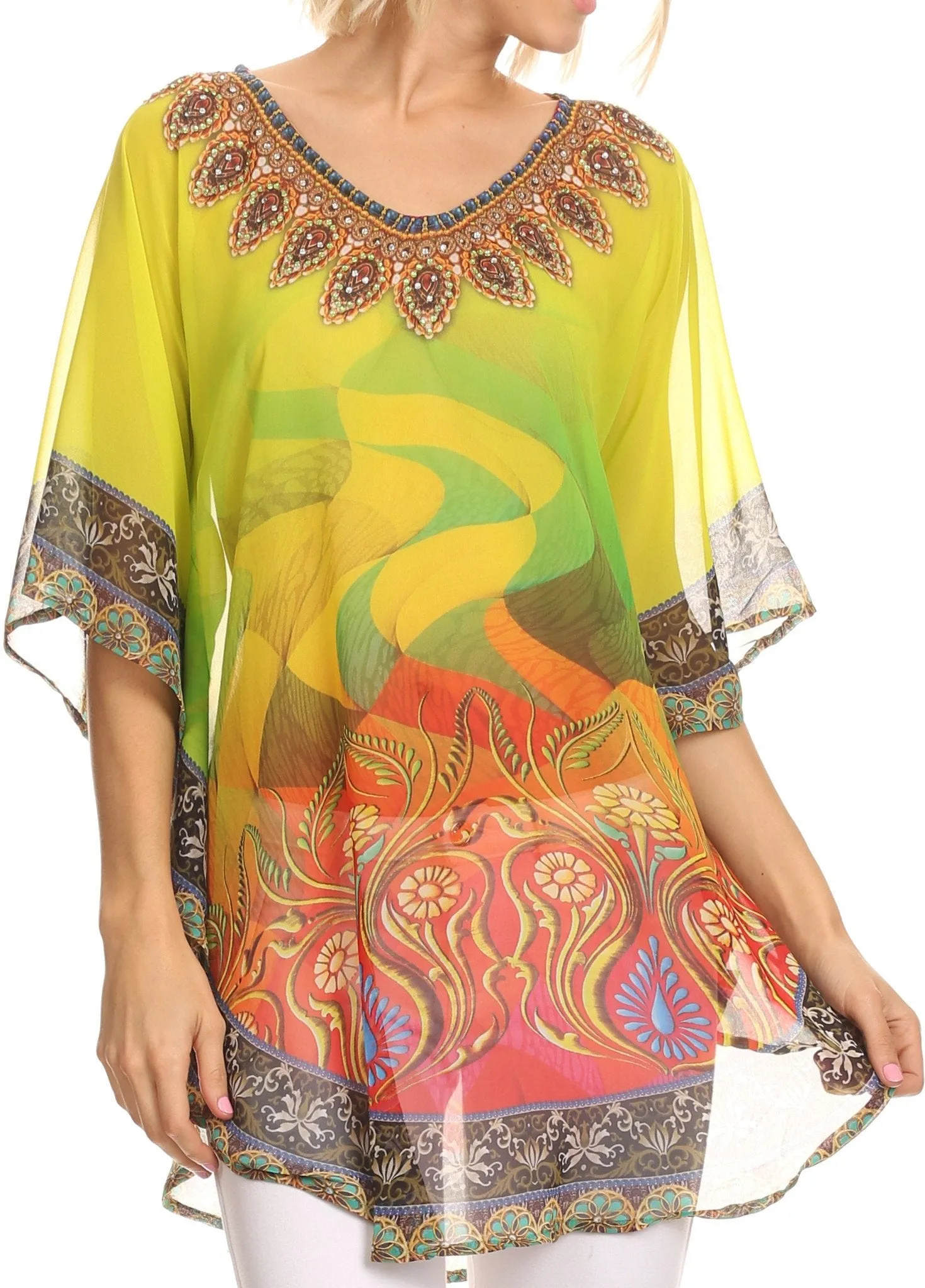 Sakkas Villa Long Wide Tall Printed Rhinestone Circle Poncho Top Blouse Cover Up