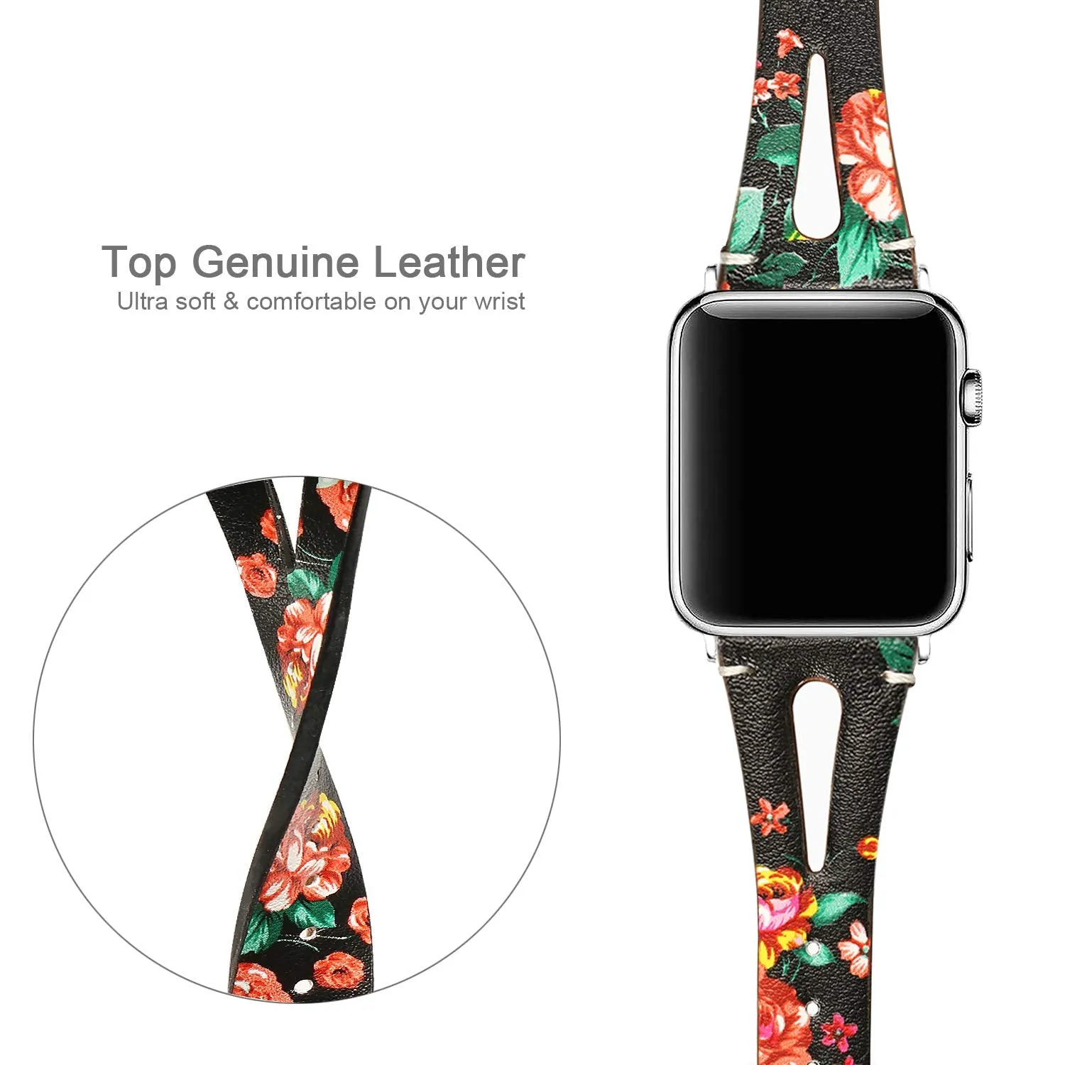 Soft Slim Leather Floral Black Band For Apple Watch