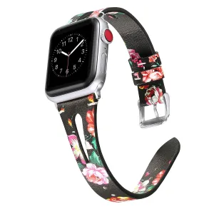 Soft Slim Leather Floral Black Band For Apple Watch