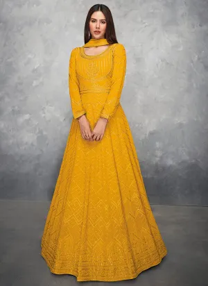 Thread Embroidered Yellow Georgette Anarkali Suit