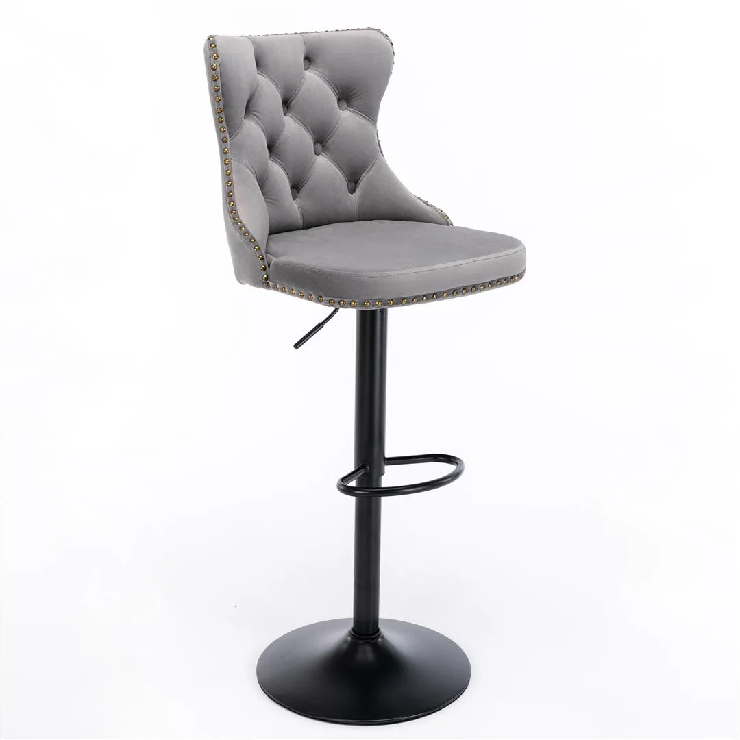 Two Height Adjustable Swivel Bar Stool Velvet Nail head Barstool with Footrest