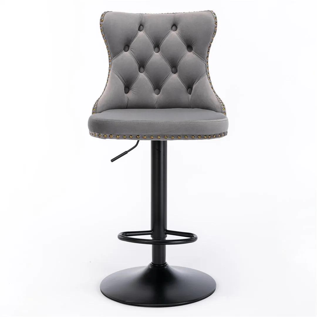 Two Height Adjustable Swivel Bar Stool Velvet Nail head Barstool with Footrest