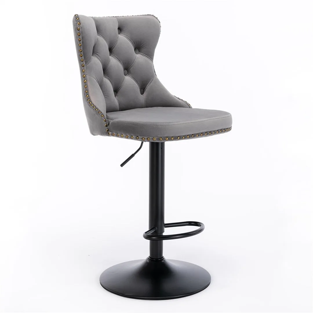 Two Height Adjustable Swivel Bar Stool Velvet Nail head Barstool with Footrest