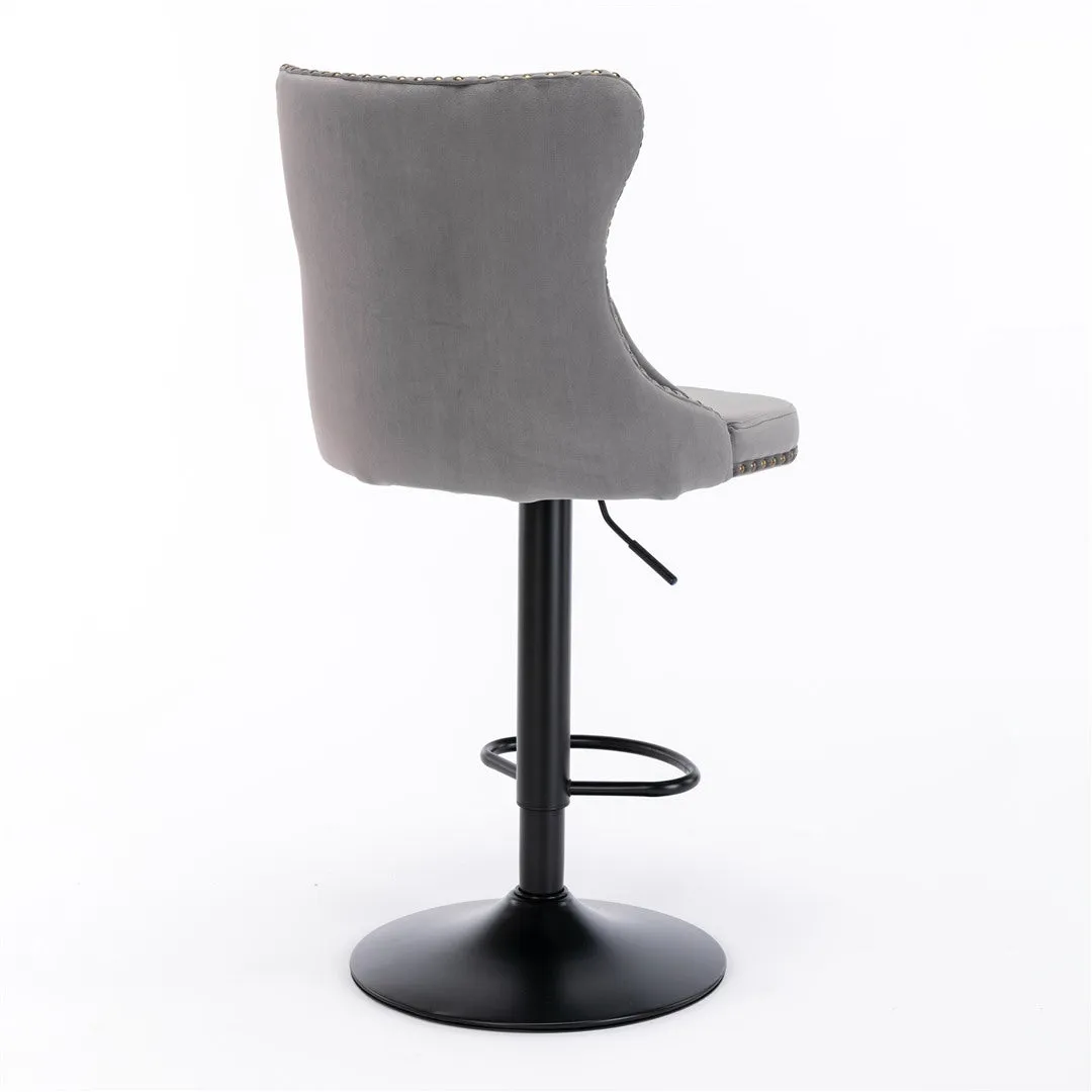 Two Height Adjustable Swivel Bar Stool Velvet Nail head Barstool with Footrest