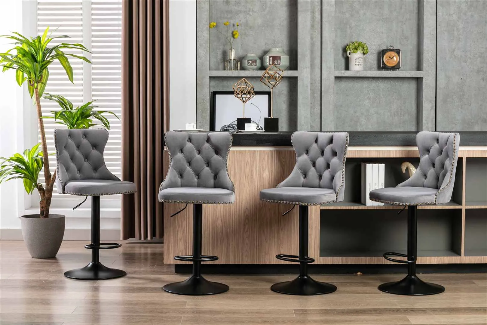 Two Height Adjustable Swivel Bar Stool Velvet Nail head Barstool with Footrest