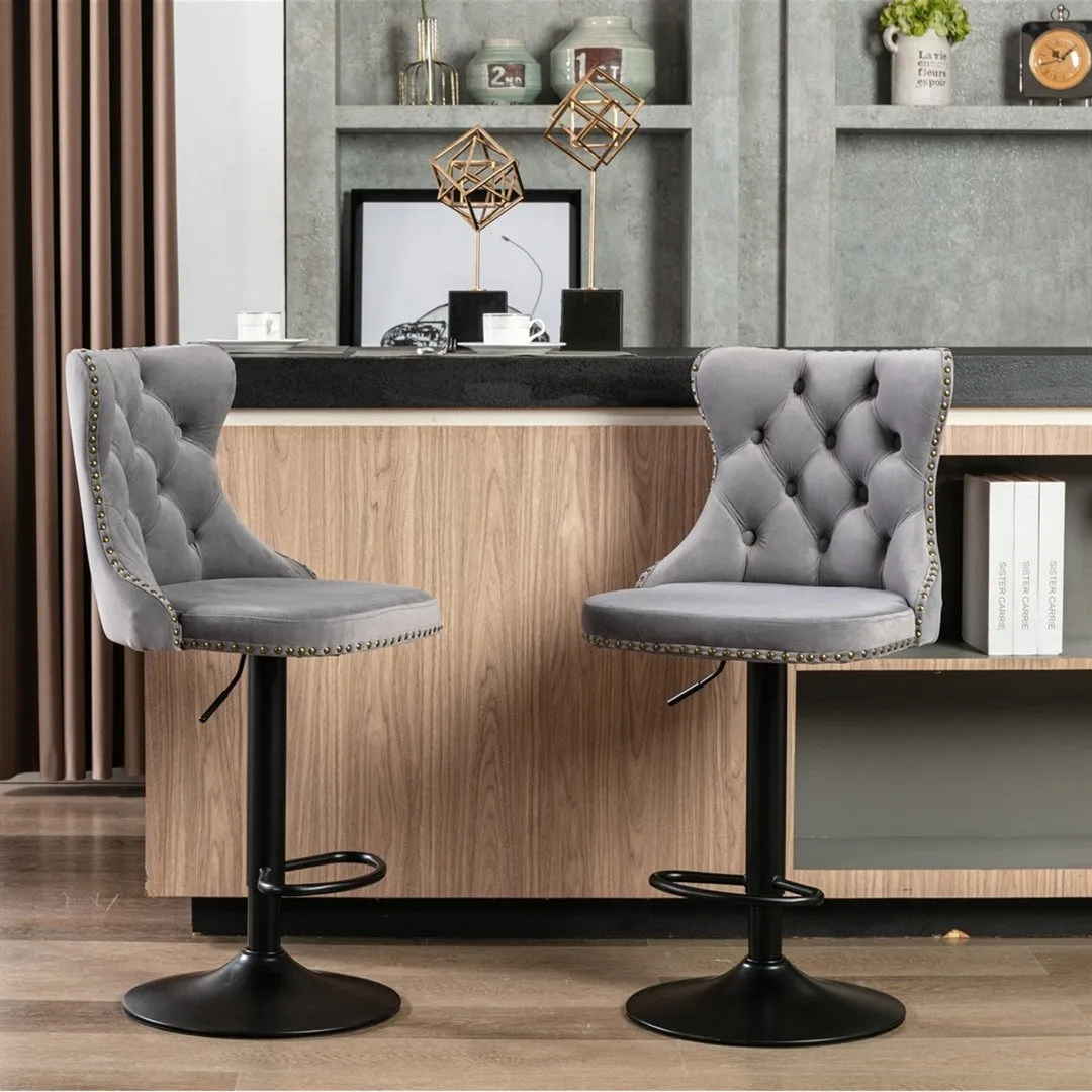 Two Height Adjustable Swivel Bar Stool Velvet Nail head Barstool with Footrest