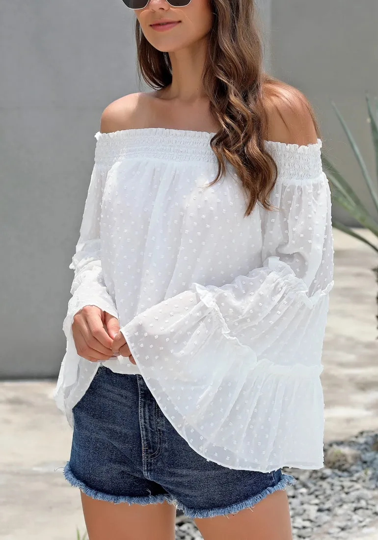 White Bell Sleeves Dotted Loose Off-Shoulder Top