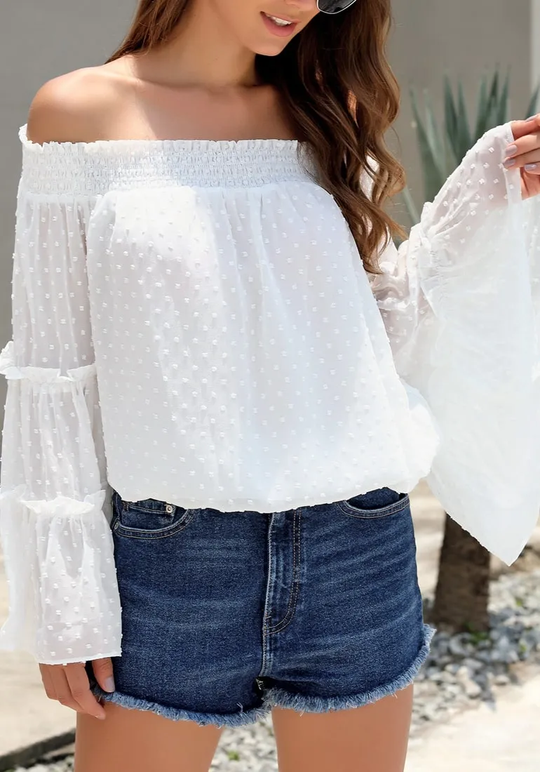 White Bell Sleeves Dotted Loose Off-Shoulder Top