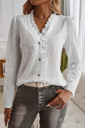 White Embroidery Lace Button Up Frill Neck Shirt