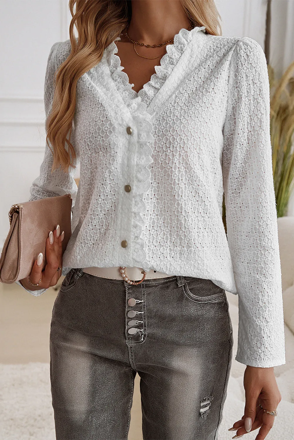 White Embroidery Lace Button Up Frill Neck Shirt