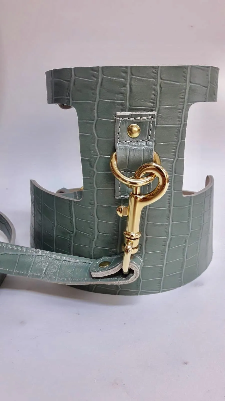 Willow Walks adjustable leather harness with croc effect in sage green